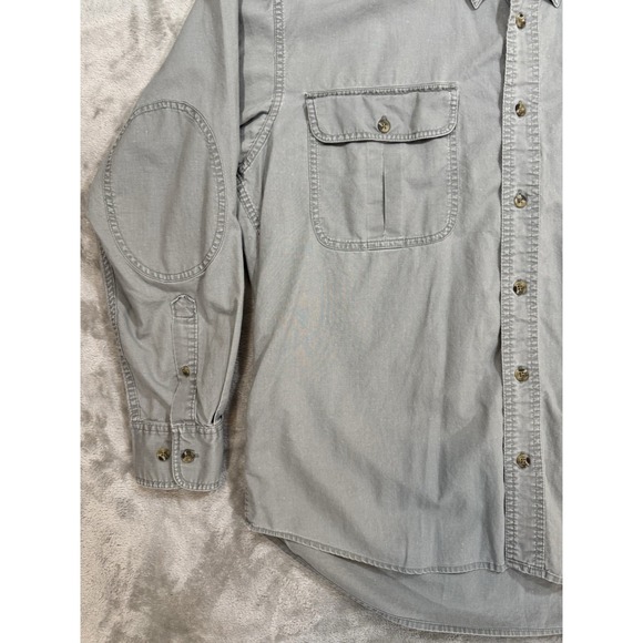 Cabelas Shirt Mens L Gray Button Up Chest Pockets Shirttail Hem Elbow Patches - Picture 6 of 14